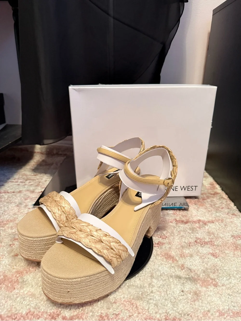 Nine West White and Natural Braided Platform Sandals